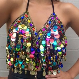 Festival Coin Sequin Rainbow Halter Top